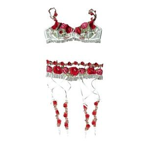 For Love And Lemons White Bra & Garter Set with Red Floral Embroidery